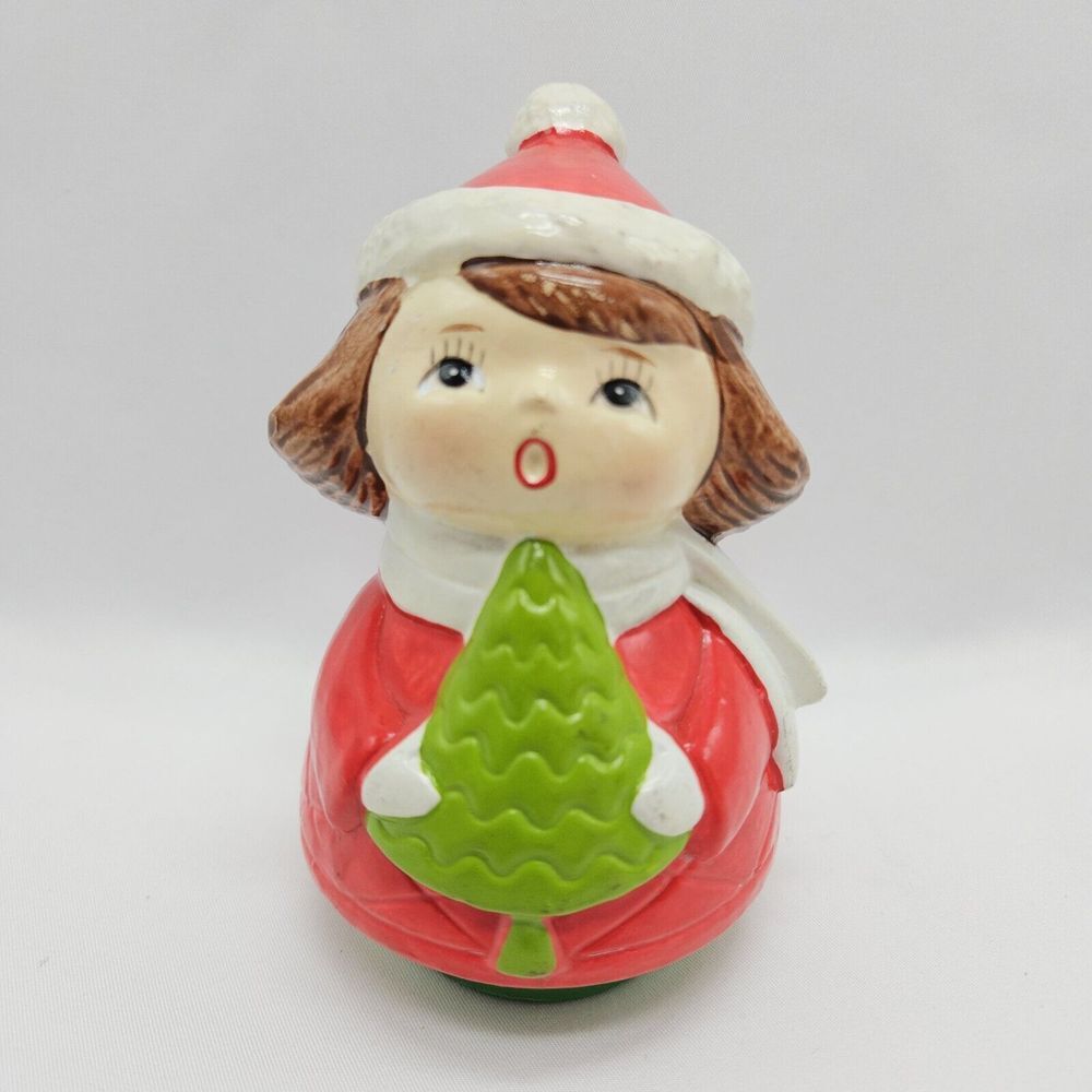 Vintage Christmas Decor‎ Ceramic Girl Caroller Singer Holding Tree Holiday 5"